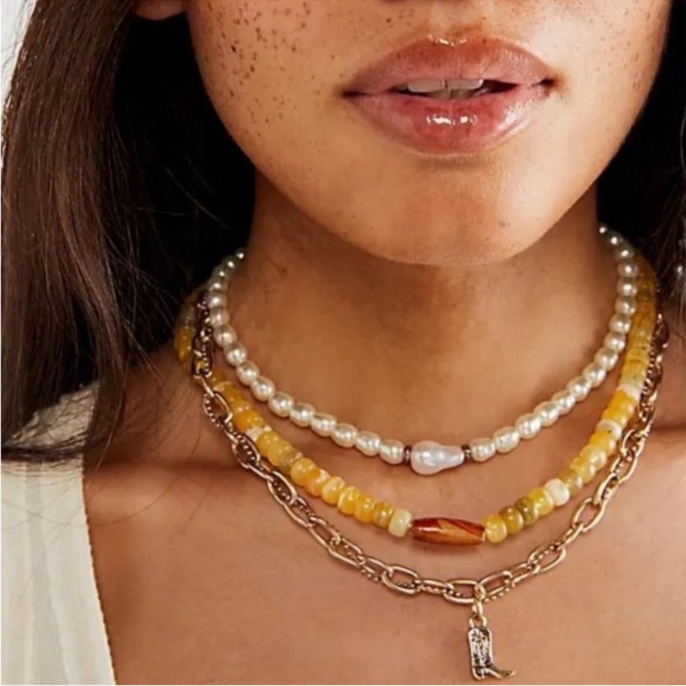 Free People Layered Pearl and Amber Bead Necklace - Yellow and Gold